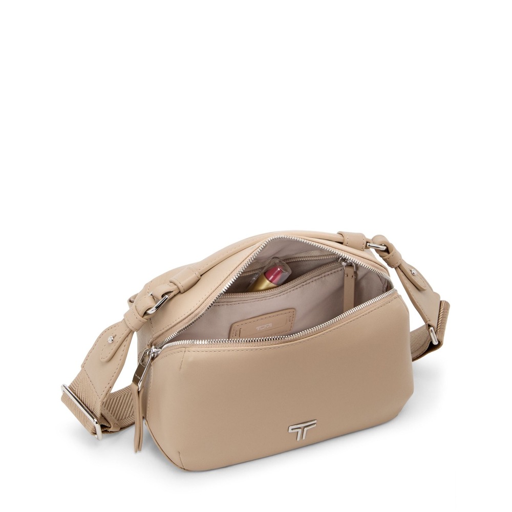 Tumi Berlin Crossbody Leather Belt Bag Beige Waist Pack Silver Hardware
